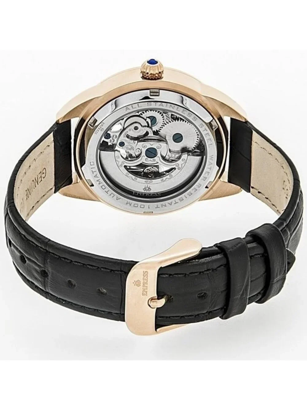 NWT Empress Godiva White Mother of Pearl Dial Black Leather Strap Automatic Ladi